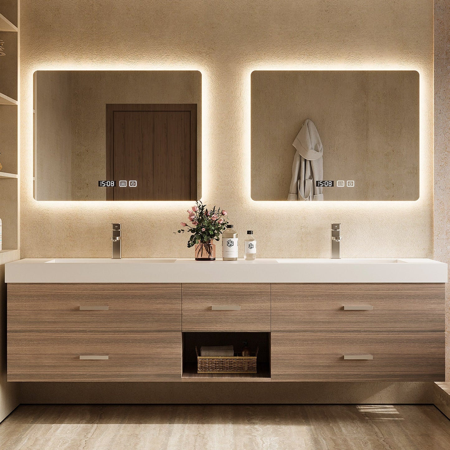 56"- 78"Floating Bathroom Vanity Includes Five Brown Wood Design Drawer