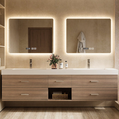 56"- 78"Floating Bathroom Vanity Includes Five Brown Wood Design Drawer