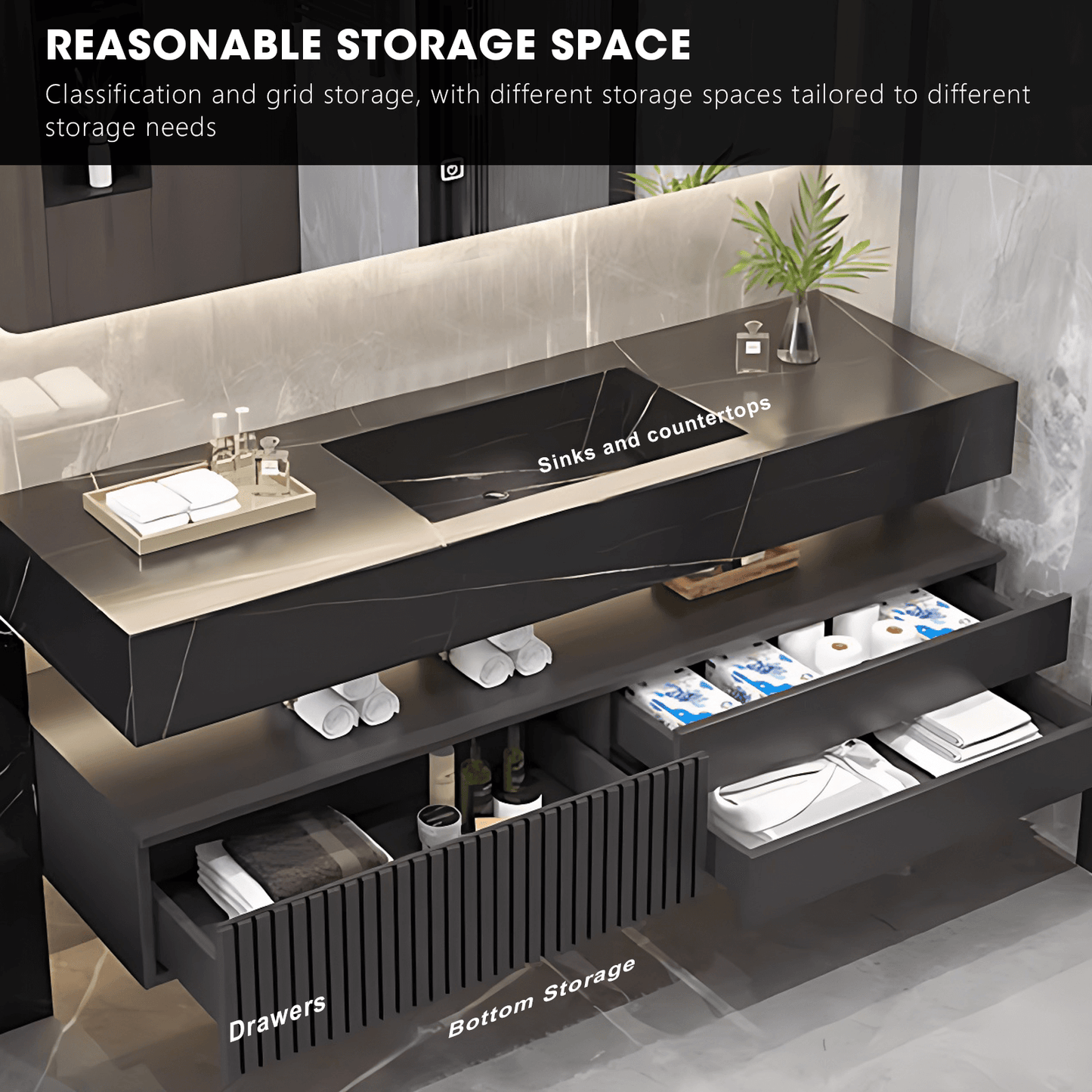 32"- 72" Modern Black Bathroom Vanity Set with Mirror and Single Basin