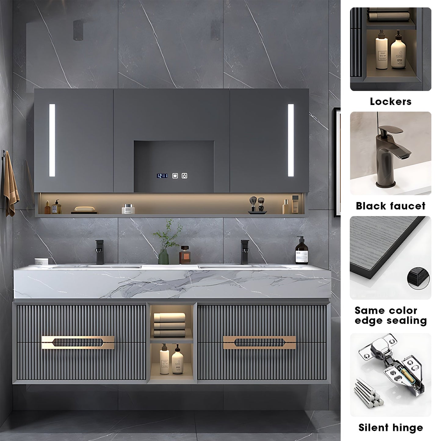 60“-96”Floating Bathroom Vanity with Lacquer Finish, Showing Vertical Lattice Texture