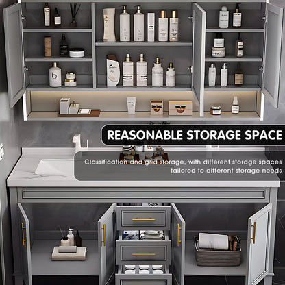 52"- 96"  Modern Bathroom Vanity Set with Double Sink and Defogging Mirror Cabinet Gray