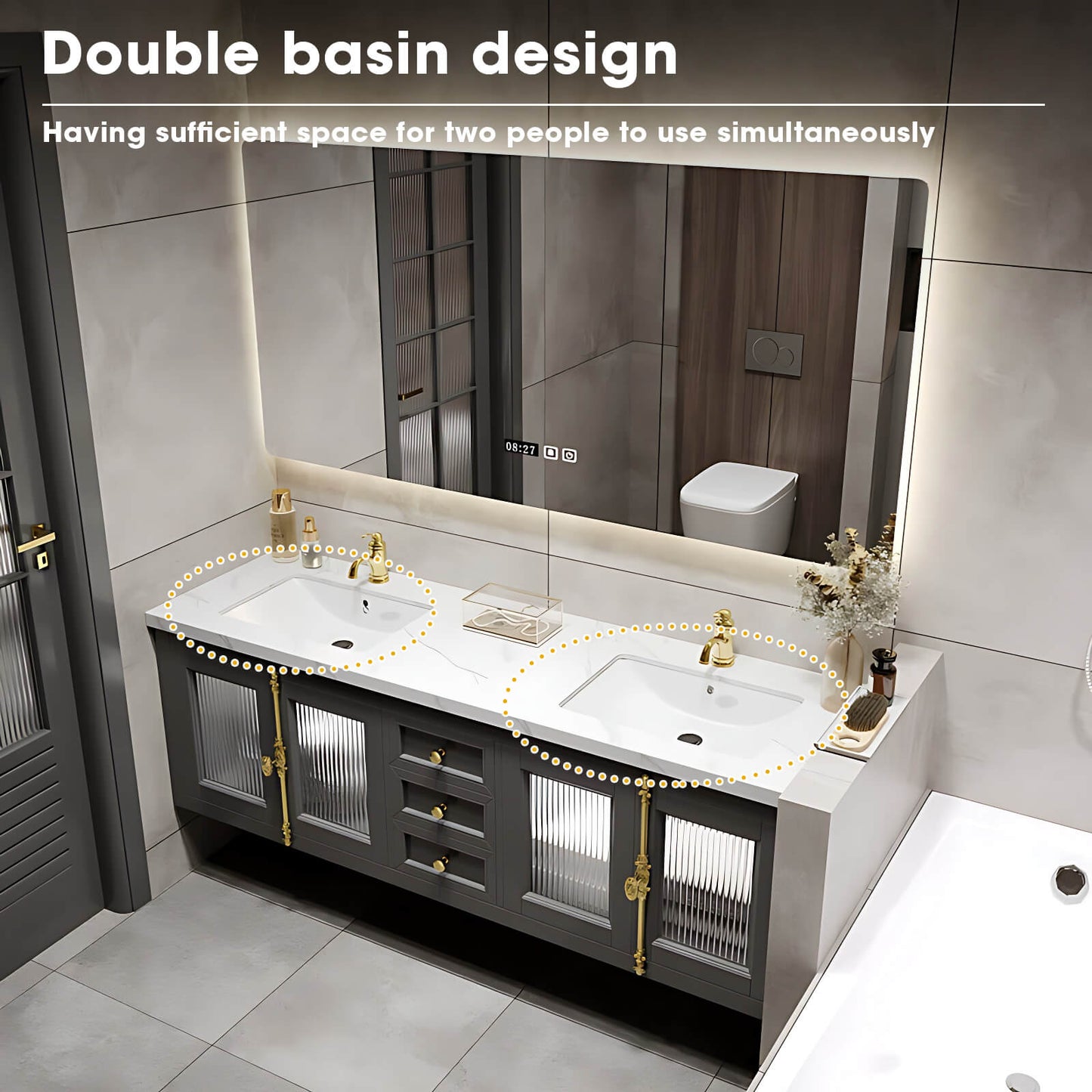 56"- 96"Elegant Double Sink Bathroom Vanity with Sense of Atmosphere Defogging Mirror