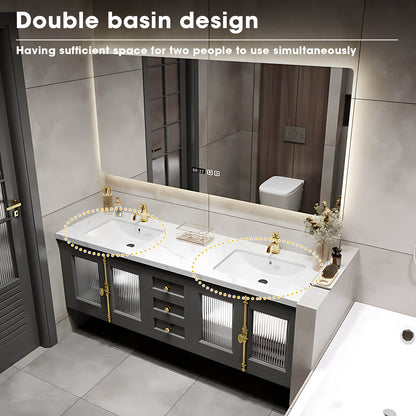 56"- 96"Elegant Double Sink Bathroom Vanity with Sense of Atmosphere Defogging Mirror