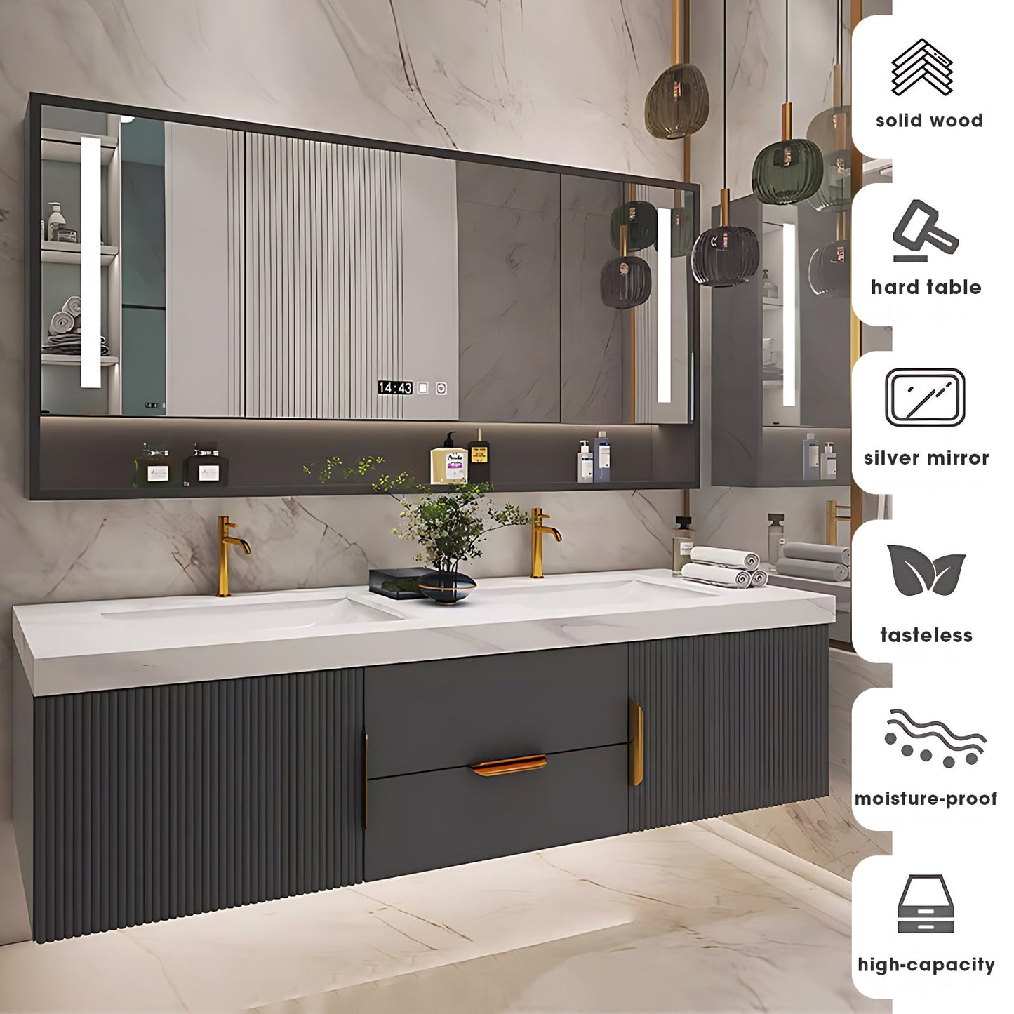 56"-96"Modern Bathroom Vanity with Sink Includes Gray Striped Storage Cabinet