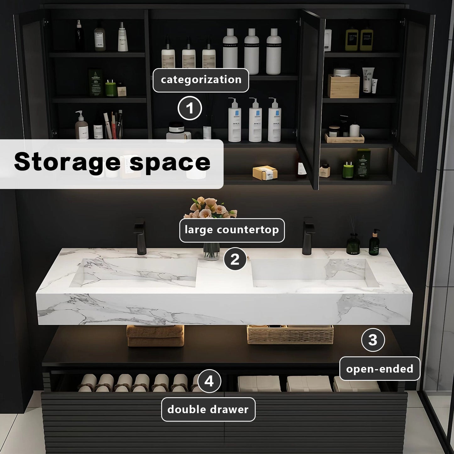 52"-78"Modern Vanity Double Sink Open Storage and LED Smart Mirror