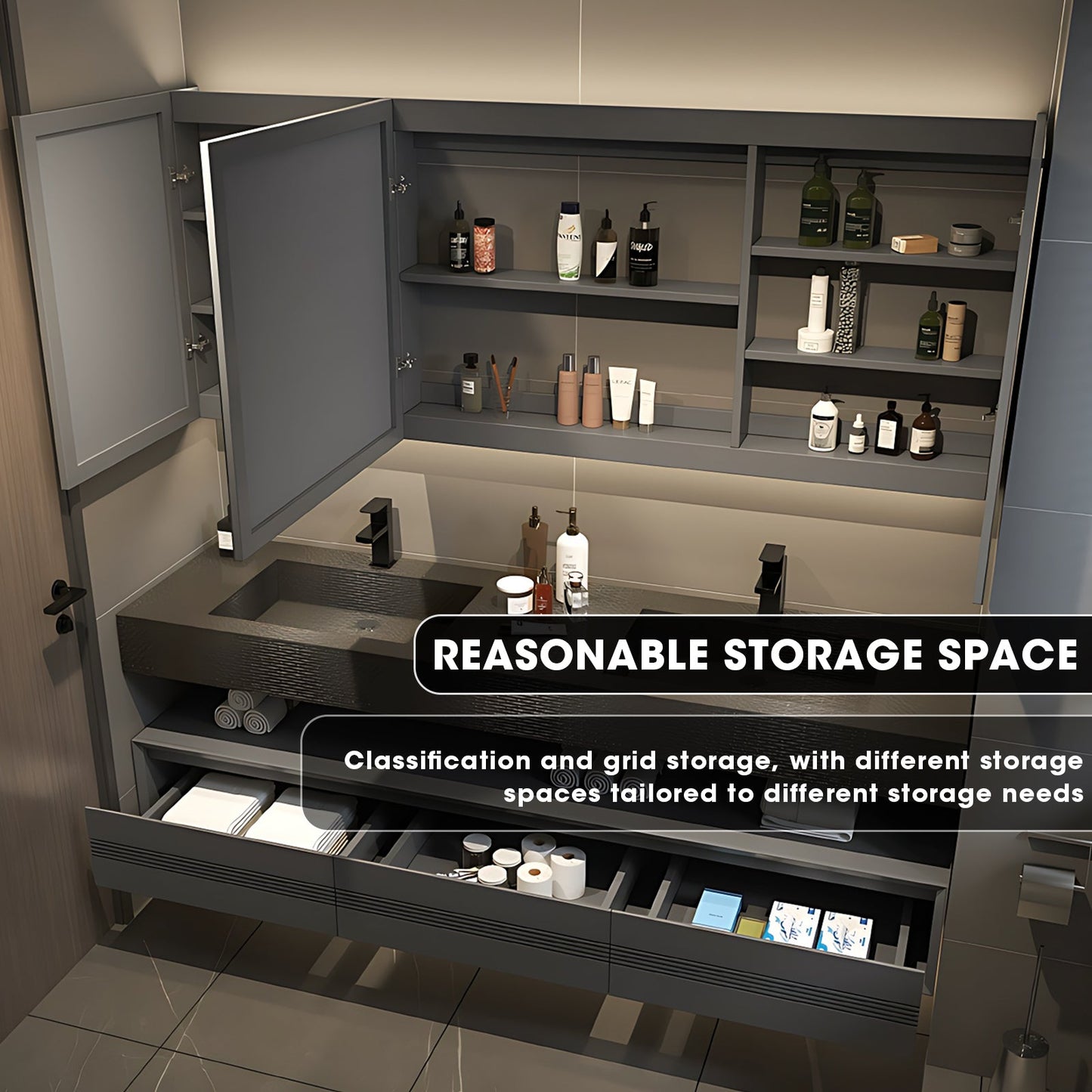56"-96"Modern Bathroom Vanities with Three Large Drawers