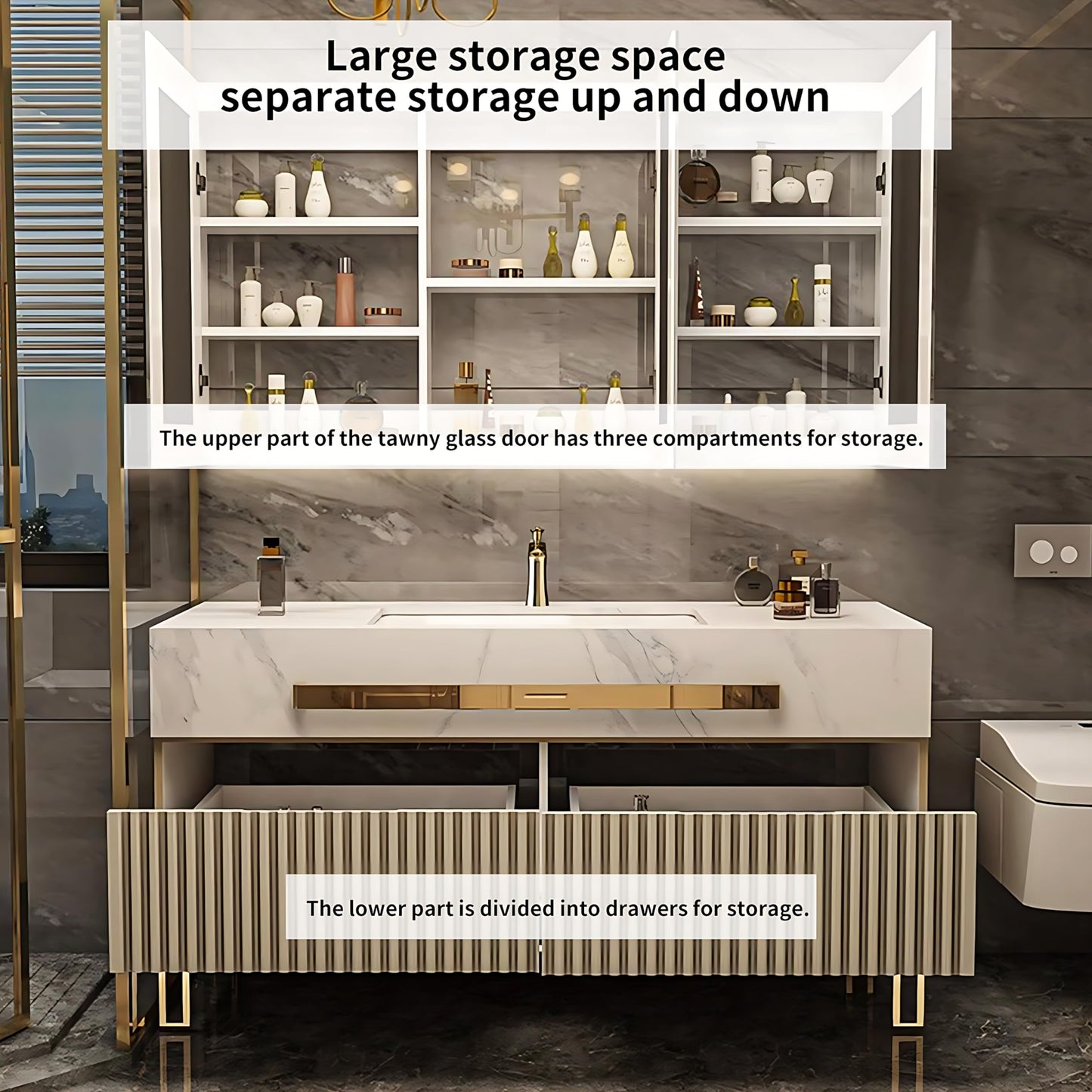 36"- 68" Freestanding Gold Bathroom Vanity Set with Smart Light Cabinet