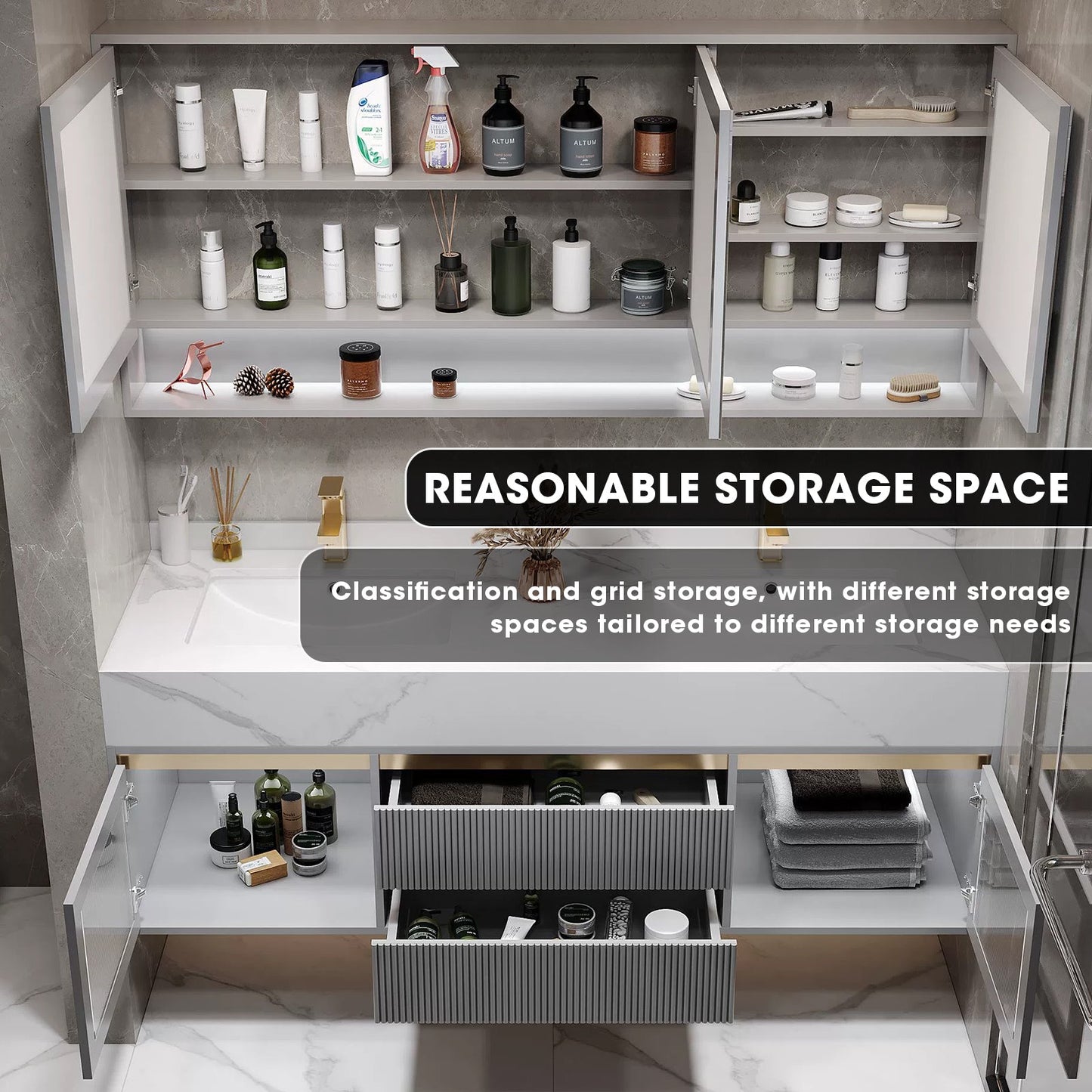 36"- 60" Modern Grey Bathroom Vanity Set with Ceramic Basin and Smart Mirror Cabinet