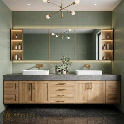 78''-96'' Double Bathroom Vanity with Sink Slatted Center Warm Oak Finish Cabinet