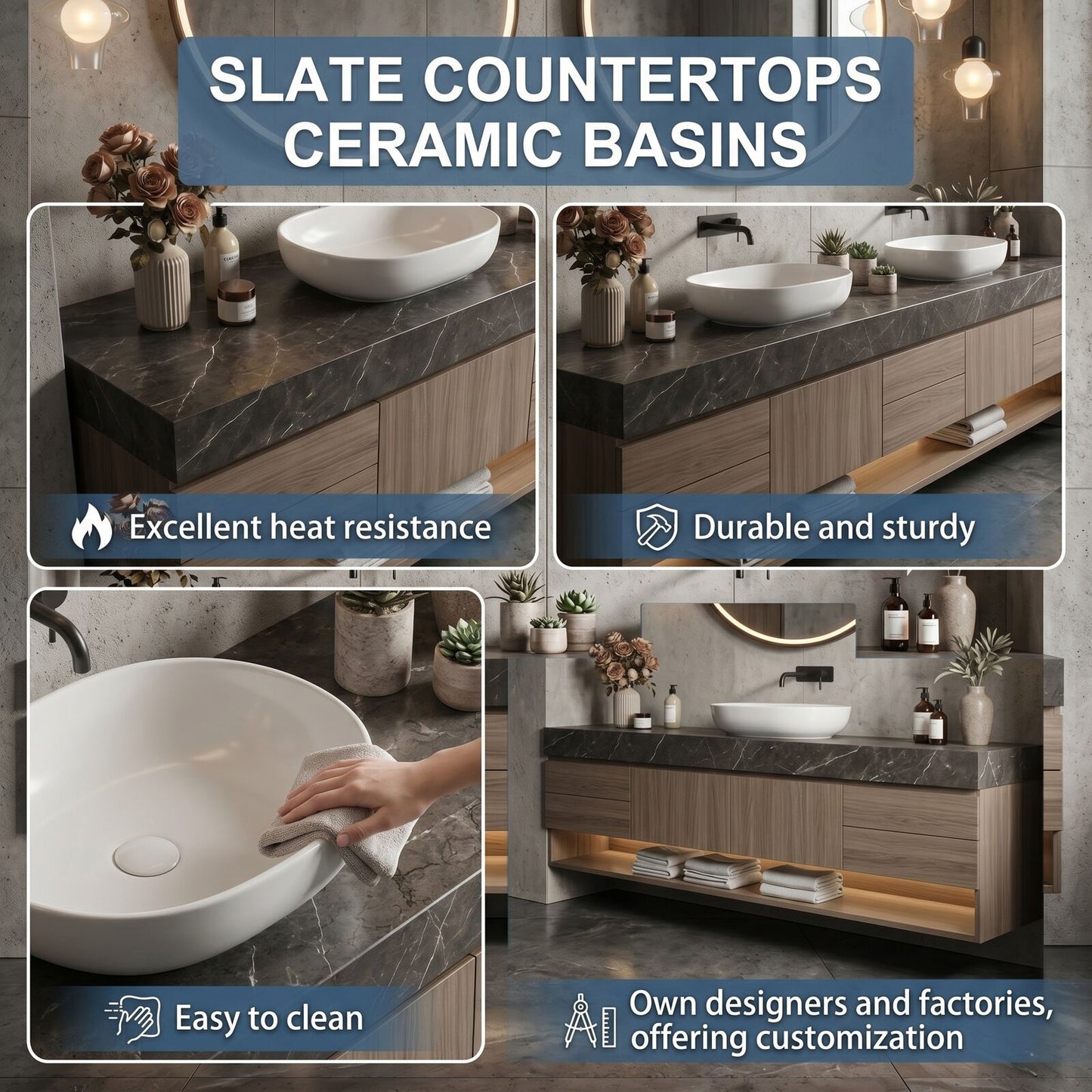 70''-96'' Modern Bathroom Vanity with Sink Dark Stone Floating Open Bottom Storage