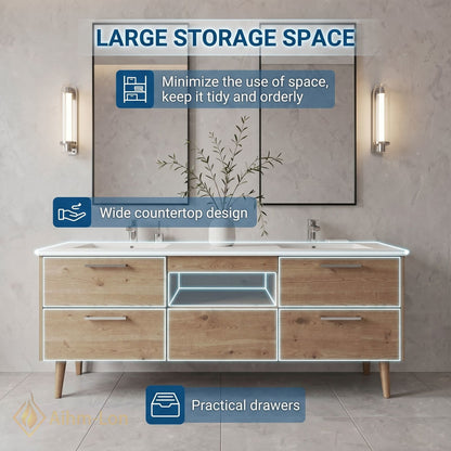 60''-96'' Spacious Bathroom Vanity with Sink Double Sink Natural Wood Grain Open Center