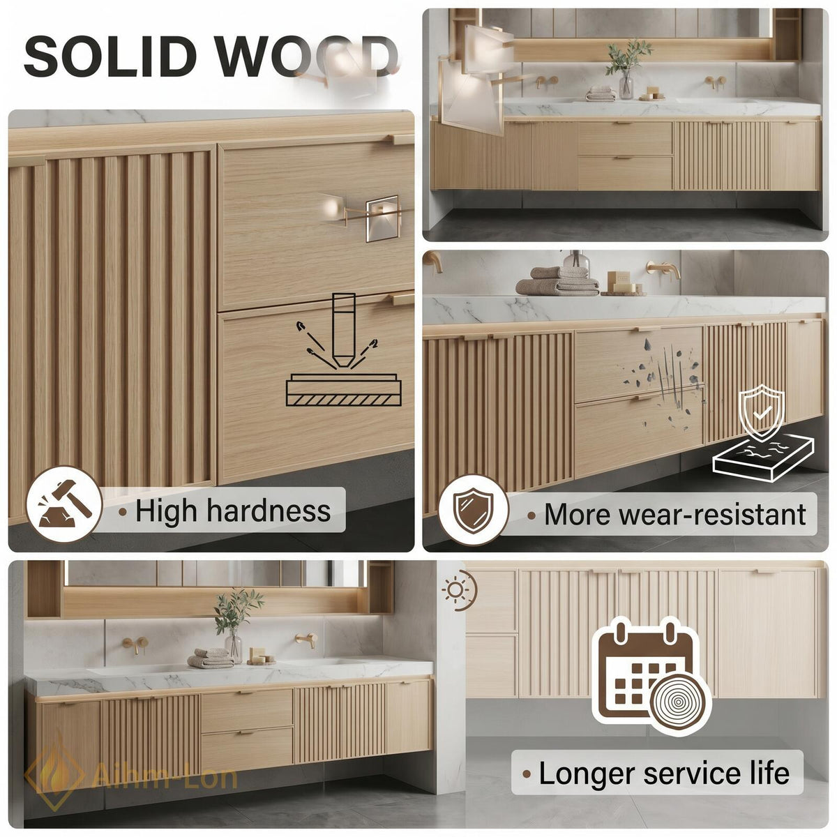 78''-96'' Double Bathroom Vanity with Sink Floating Double Oak Finish Slatted Front