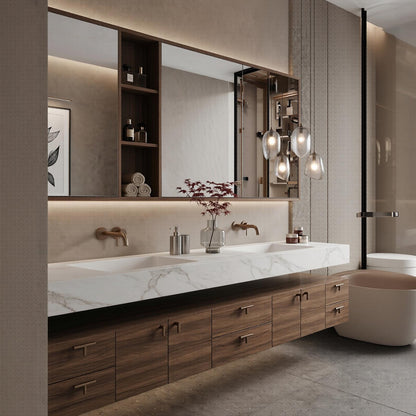 70''-96'' Modern Bathroom Vanity with Sink Floating Dark Walnut Slatted Open Shelving