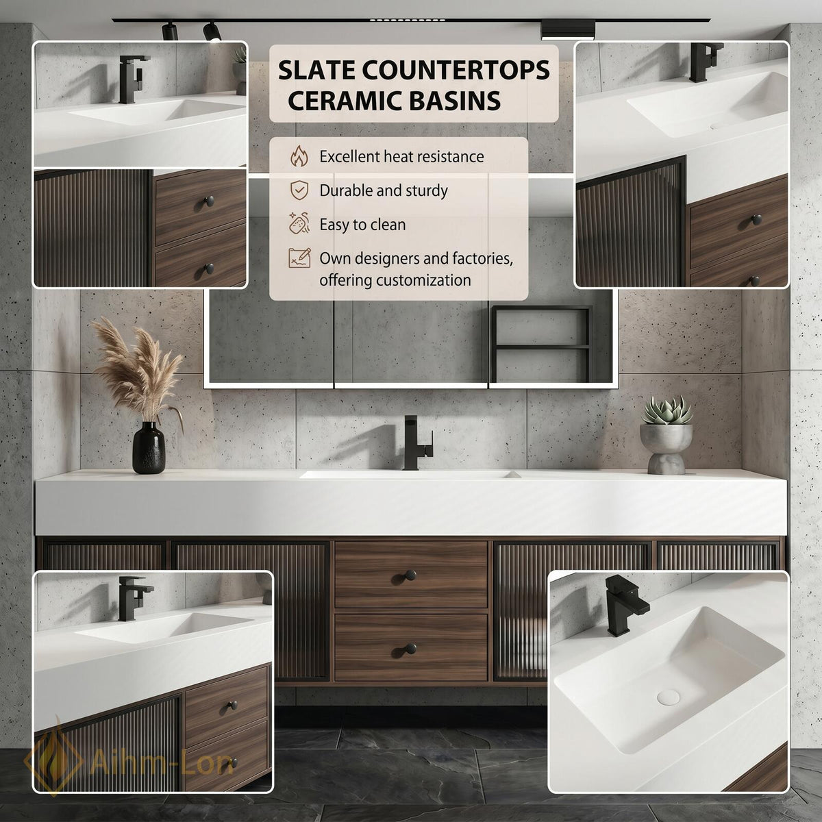60''-96'' Bathroom Vanity with Sink Floating Slatted Glass Doors White Solid Top
