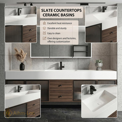 60''-96'' Bathroom Vanity with Sink Floating Slatted Glass Doors White Solid Top