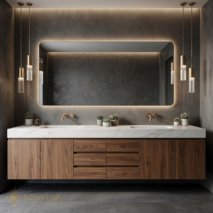 60''-96'' Double Bathroom Vanity with Sink White Marble Top Wood Grain Drawers