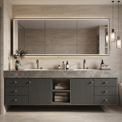 60''-96'' Modern Bathroom Vanity with Sink Double Sink Slatted Front Stone-Look Center Cabinet
