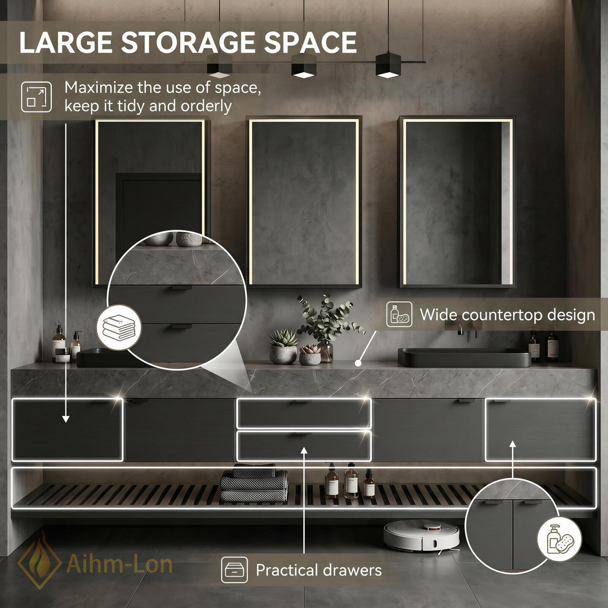 76''-96'' Double Bathroom Vanity with Sink Floating Vanity Dark Slate Finish Dual