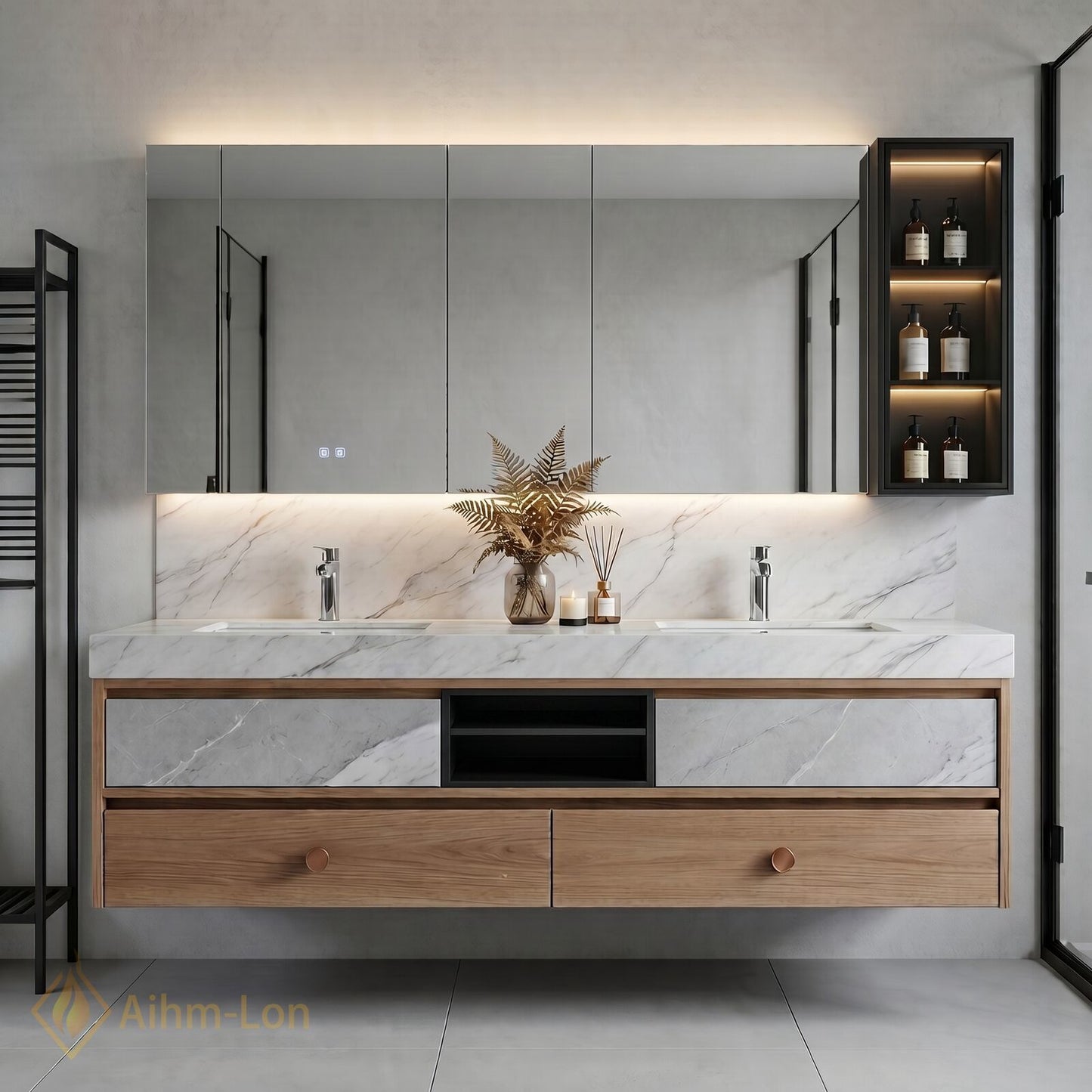 60''-96'' Floating Bathroom Vanity with Sink Wood Framed Marble Patterned Mirror Cabinet