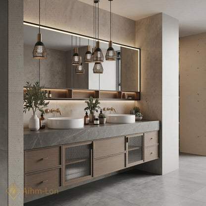 60''-96'' Double Bathroom Vanity with Sink Slatted Glass Door Grey Marble Finish