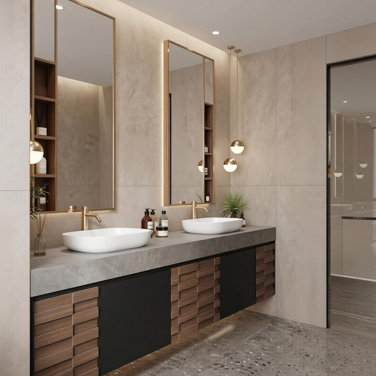 60''-96'' Double Bathroom Vanity with Sink Modern Floating Geometric Drawer Solid Wood Grain