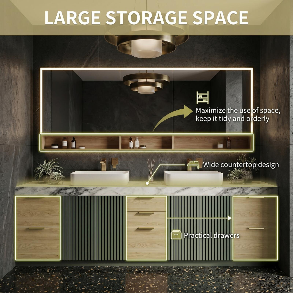60''-96'' Double Bathroom Vanity with Sink Modern Floating Sage Green Slatted Deep Drawers
