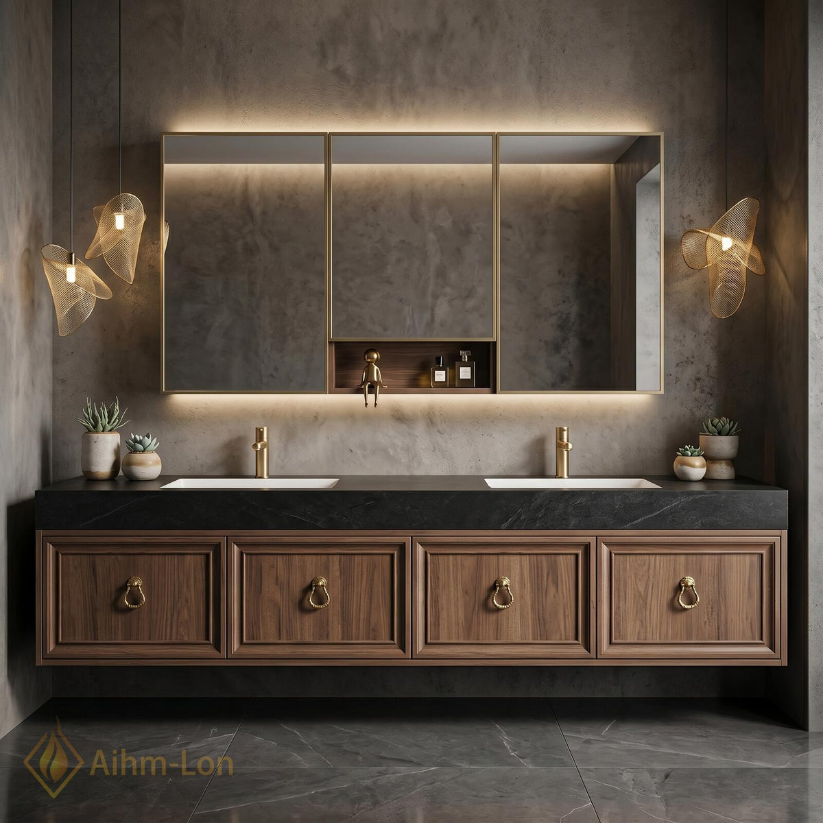 60''-96'' Bathroom Vanity with Sink Floating Slatted Panel Front Dark Walnut Finish
