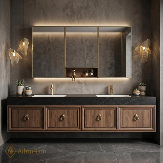 60''-96'' Bathroom Vanity with Sink Floating Slatted Panel Front Dark Walnut Finish