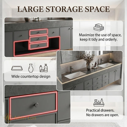76''-96'' Double Bathroom Vanity with Sink Matte Grey Stone-Textured Countertop Modern Spaces