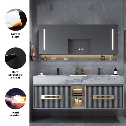 60“-96”Floating Bathroom Vanity with Lacquer Finish, Showing Vertical Lattice Texture