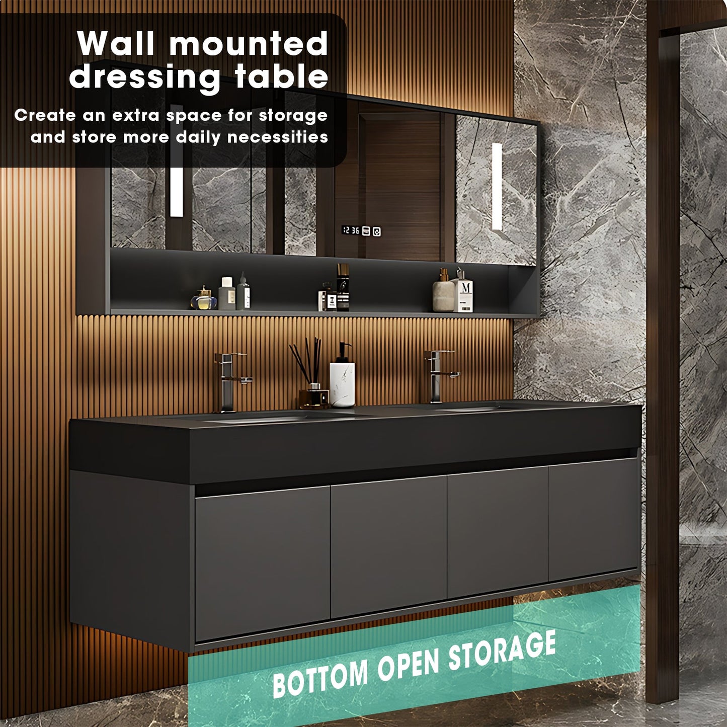 52"- 96"  Modern Floating Double Sink Bathroom Vanity Set,  Smart Mirror Cabinet