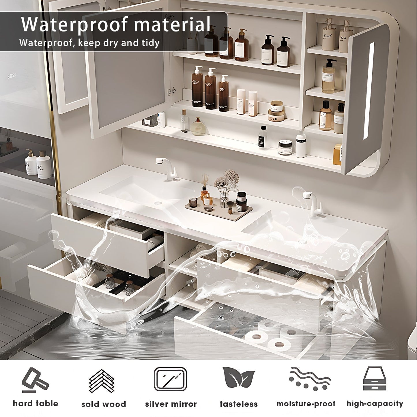 52"-96"High Gloss White Double Basin Floating Bathroom Vanity