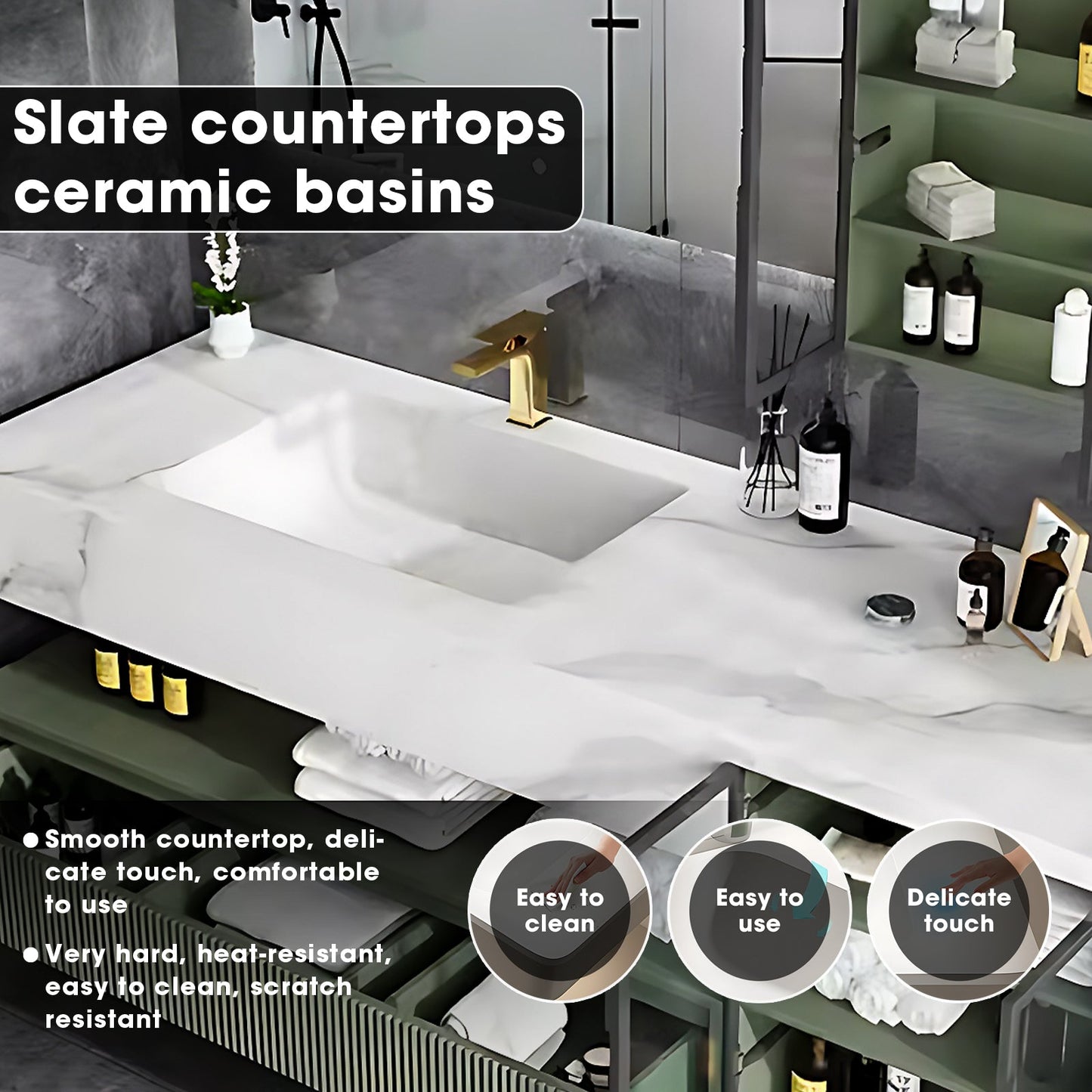 36"- 78" Green Bath Vanity Set with Defogging Mirror & Single Sink Floating