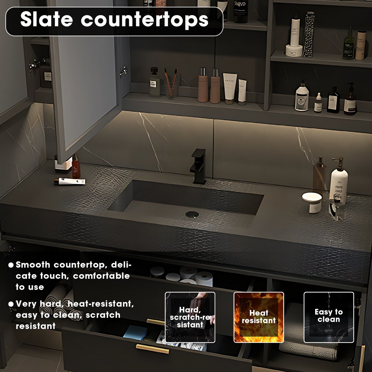 36"-68"Floating Bathroom Vanities with Sink Includes Wood Grain Style Slate Countertop