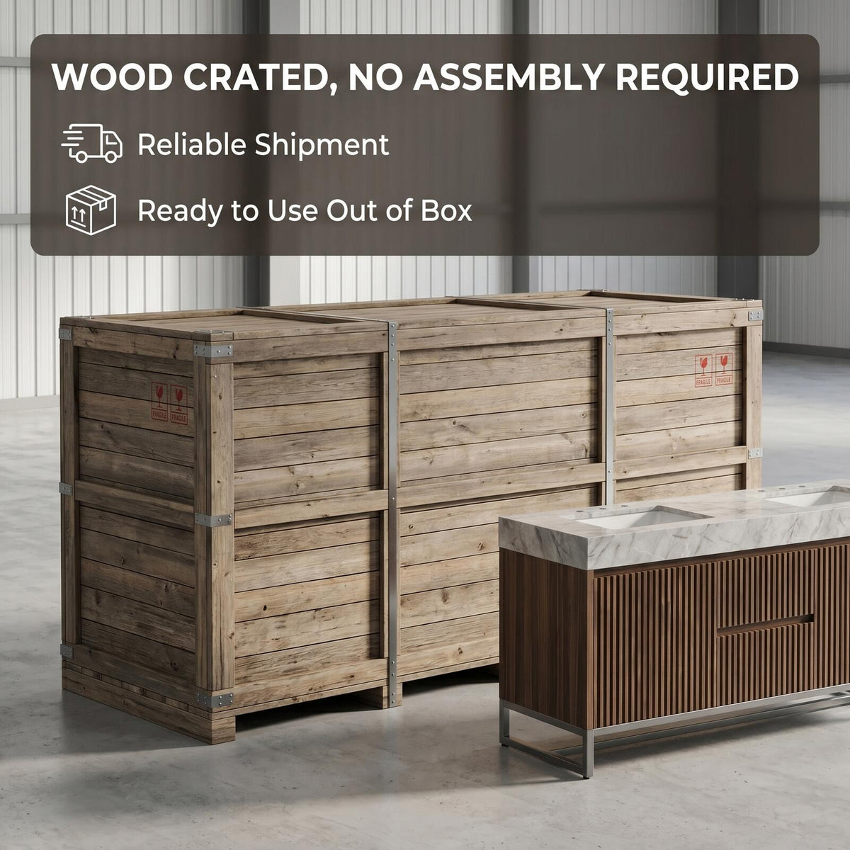 60''-96'' Double Bathroom Vanity with Sink Modern Floating Slatted Center Dark Walnut Finish