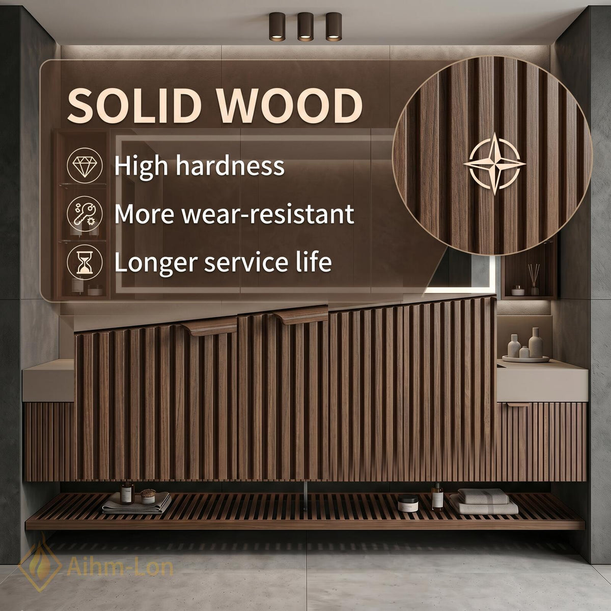 60''-96'' Double Bathroom Vanity with Sink Modern Walnut Slatted Panel Open Base Shelf
