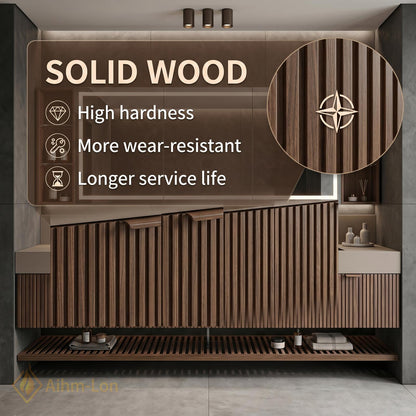 60''-96'' Double Bathroom Vanity with Sink Modern Walnut Slatted Panel Open Base Shelf