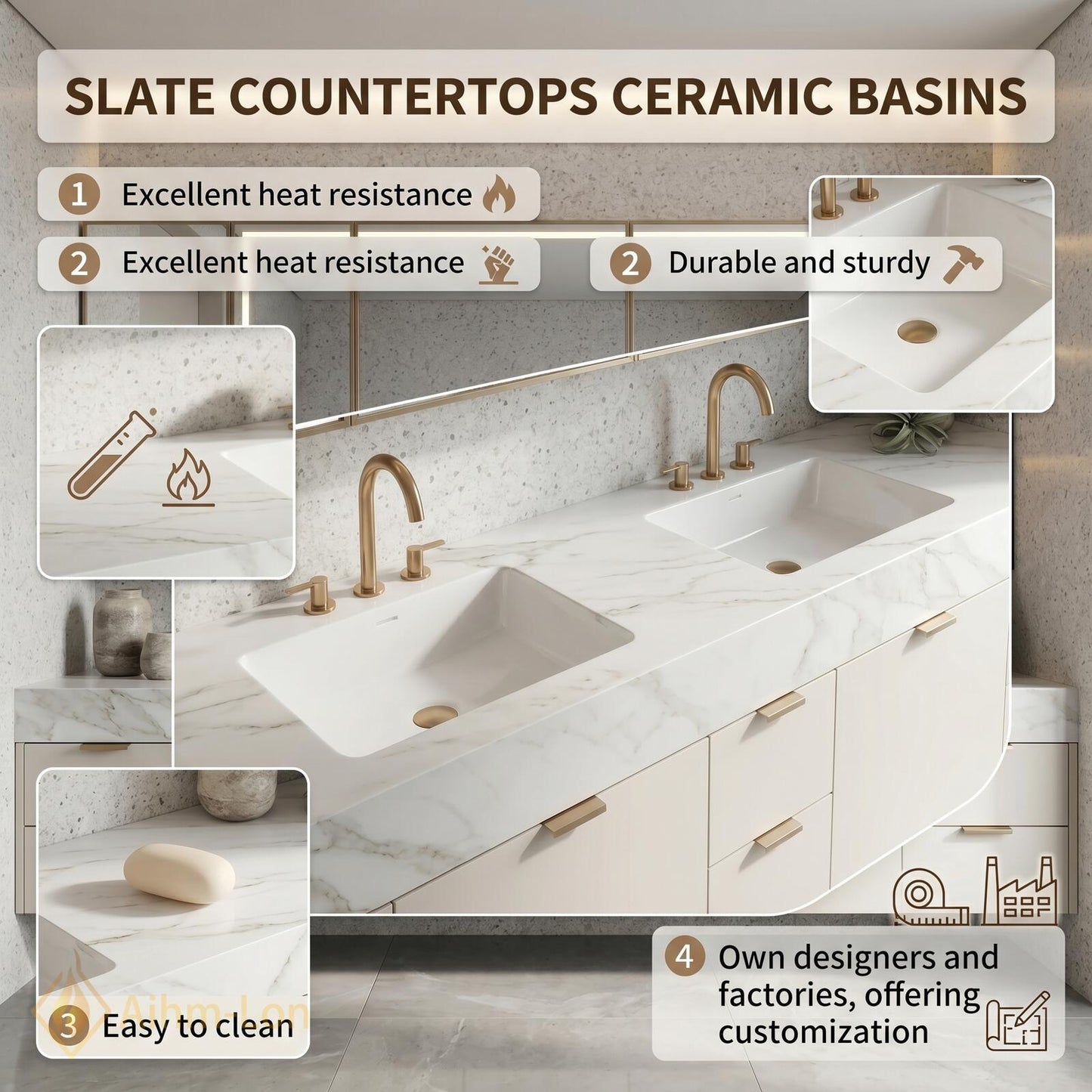 72''-96'' Double Bathroom Vanity with Sink White Gold Floating Marble-Top Hardware