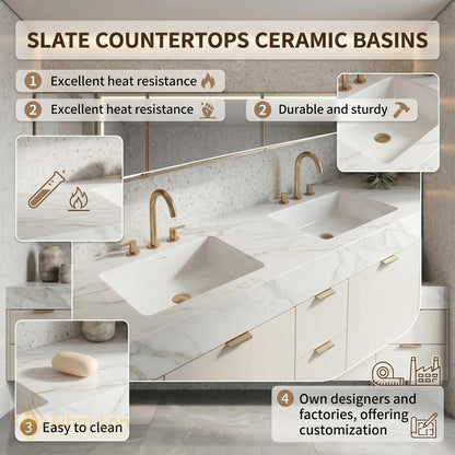 72''-96'' Double Bathroom Vanity with Sink White Gold Floating Marble-Top Hardware