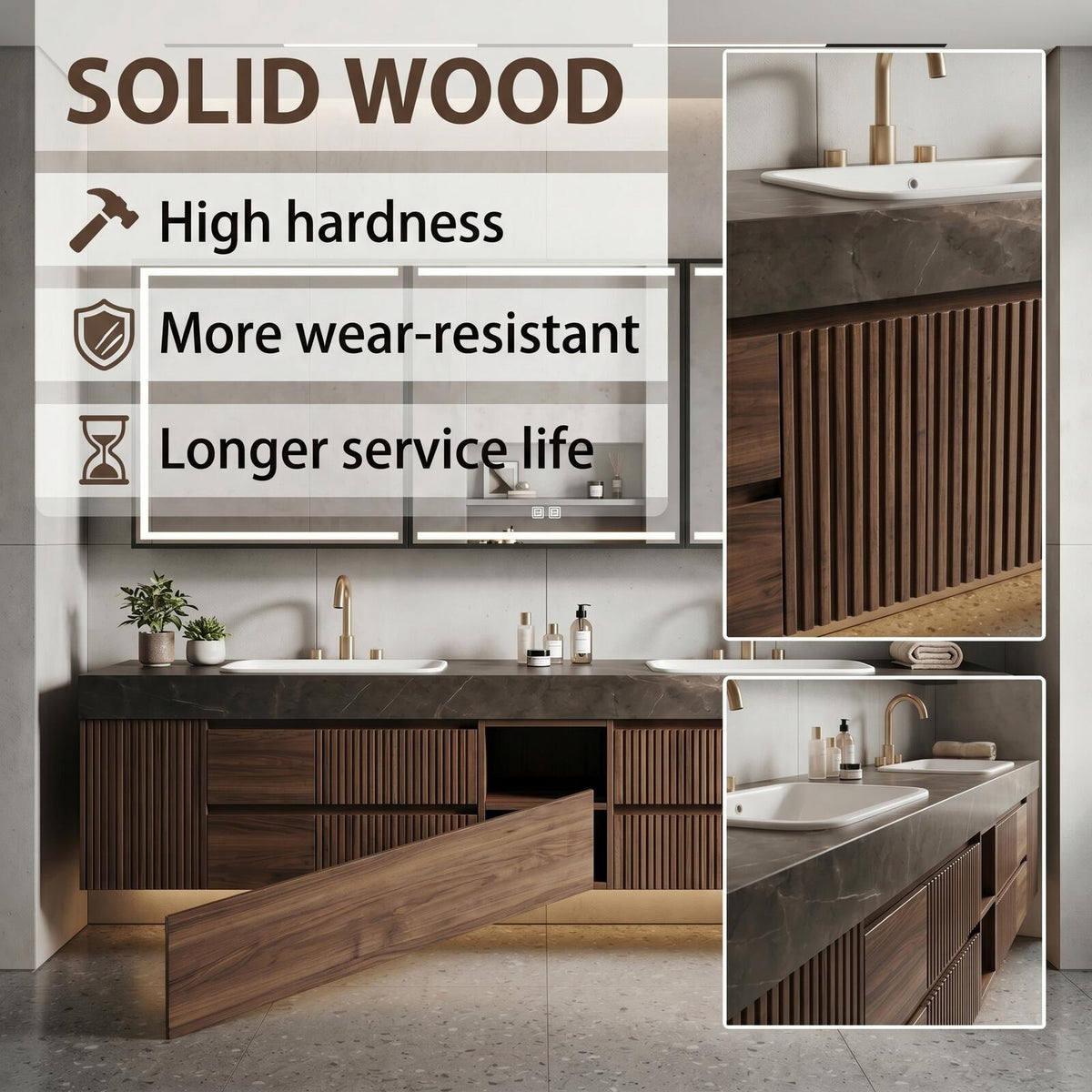 60''-96'' Double Bathroom Vanity with Sink Modern Floating Dark Stone Slatted Open Shelving