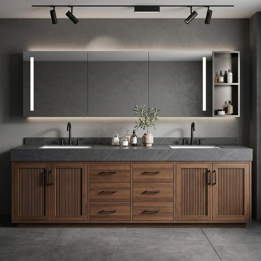 60''-96'' Double Bathroom Vanity with Sink Modern Fluted Slatted Doors Central Drawer