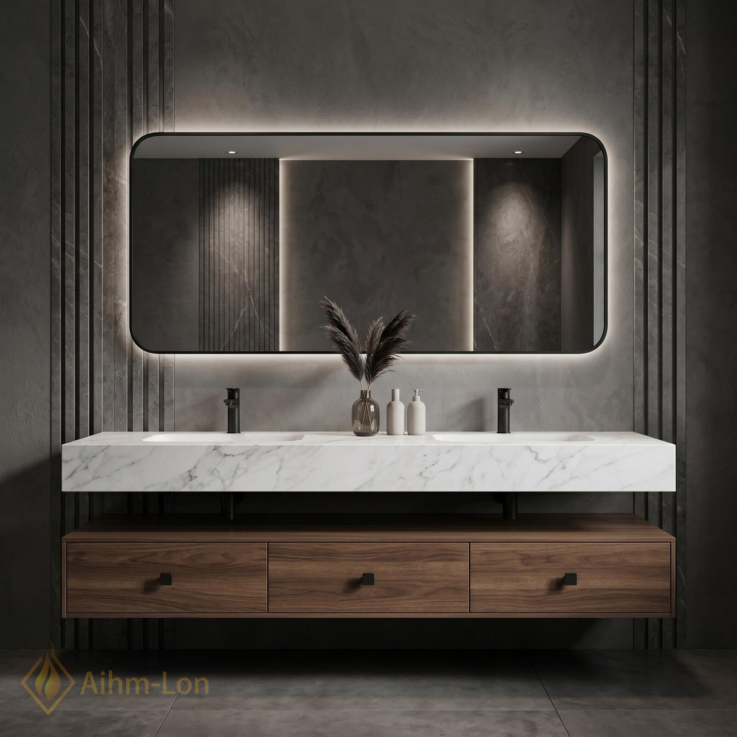 60''-96'' Double Bathroom Vanity with Sink Dark-Walnut Modern Floating Slatted Panel