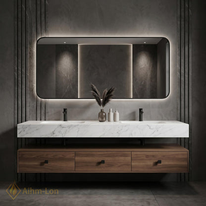 60''-96'' Double Bathroom Vanity with Sink Dark-Walnut Modern Floating Slatted Panel