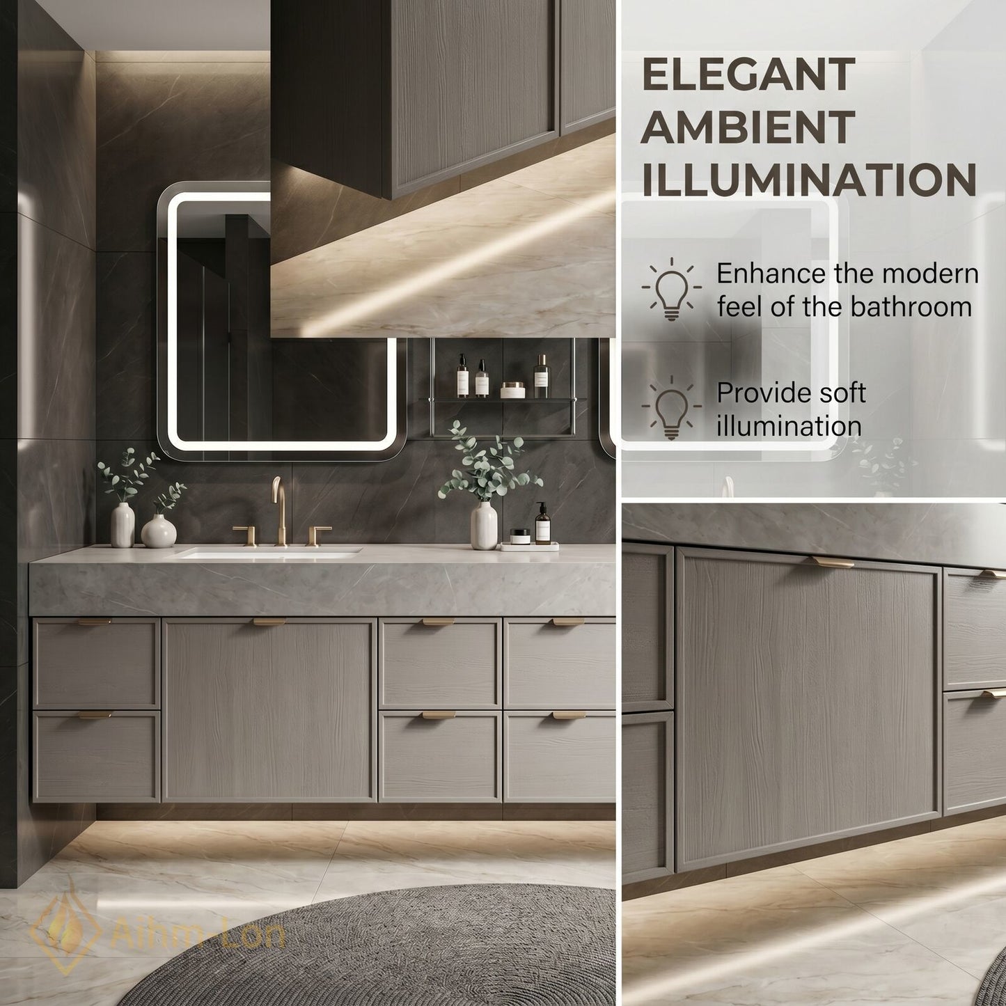 76''-96'' Double Bathroom Vanity with Sink Grey Floating Modern Wood-Grain Mirror-Cabinet Vanities
