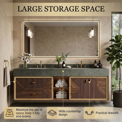 60''-96'' Double Bathroom Vanity with Sink Geometric Slatted Doors Dark Green Stone