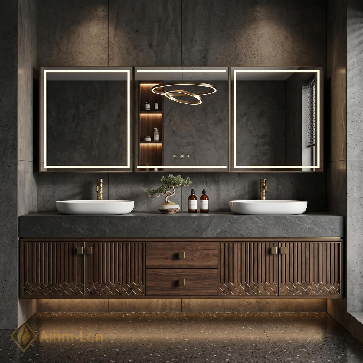 60''-96'' Double Bathroom Vanity with Sink Dark Walnut Slatted Center Panel Floating