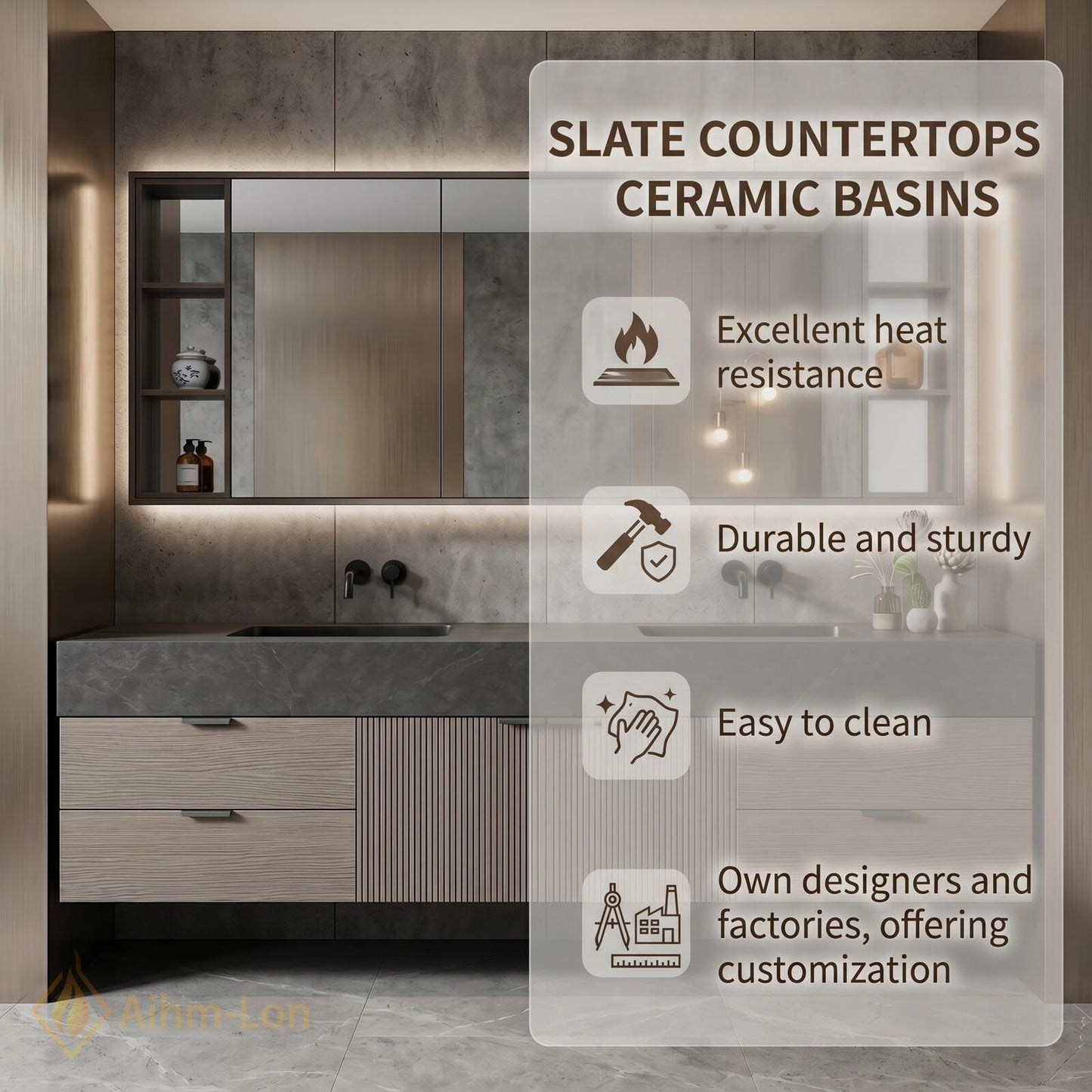 60''-96'' Modern Double Bathroom Vanity with Sink Floating Dark Wood Center Shelving