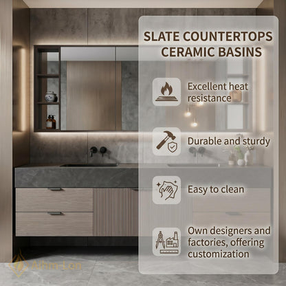 60''-96'' Modern Double Bathroom Vanity with Sink Floating Dark Wood Center Shelving