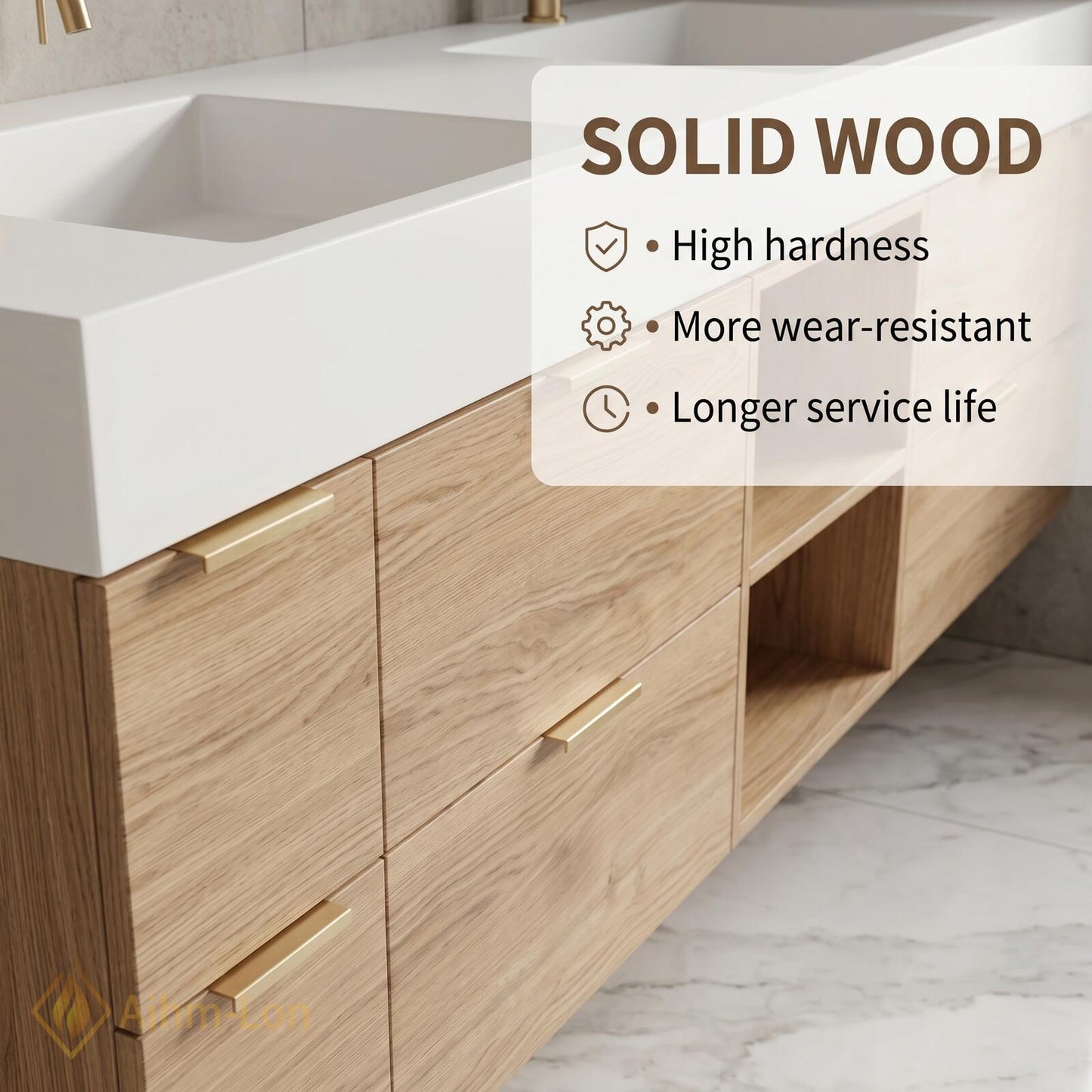 60''-96'' Double Bathroom Vanity with Sink Light-Oak Floating Veneer Open Shelving