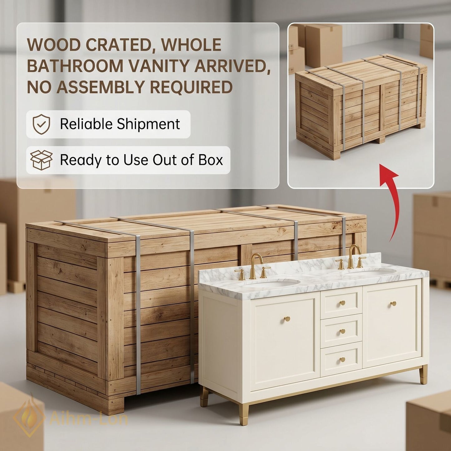60''-96'' Modern Bathroom Vanity with Sink White Shaker Marble Gold Hardware Drawers